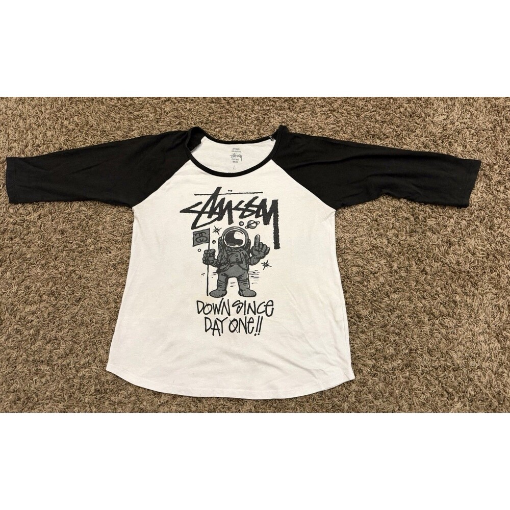 Stussy Black White Long Sleeve Women’s T-Shirt Down Since Day 1 Size Large